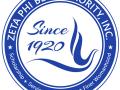 The circular Zeta Phi Beta Sorority logo featuring the words 'Zeta Phi Beta Sorority - Scholarship - Service - Sisterhood - Finer Womanhood - Since 1920' in blue and white