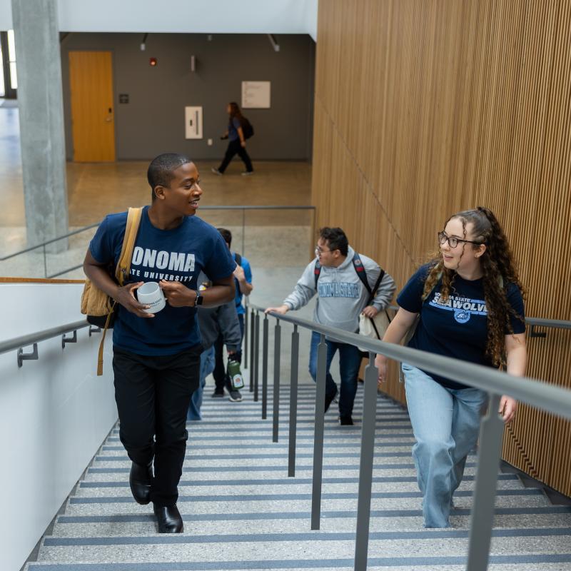 Students going upstairs to their class at Stevenson Hall